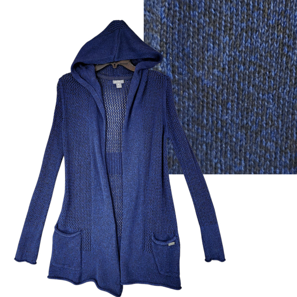 Eddie Bauer Navy Blue Hooded Open-Knit Cardigan Sweater